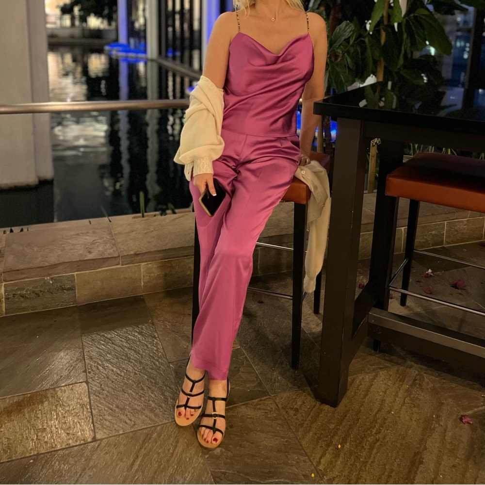 House of Harlow 1960 Satin Cowl-Neck Jumpsuit in Magenta